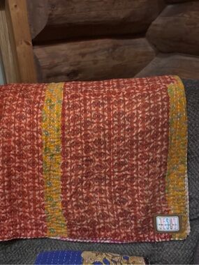 Brick Red and Yellow Quilted KanthaThrow Blanket
